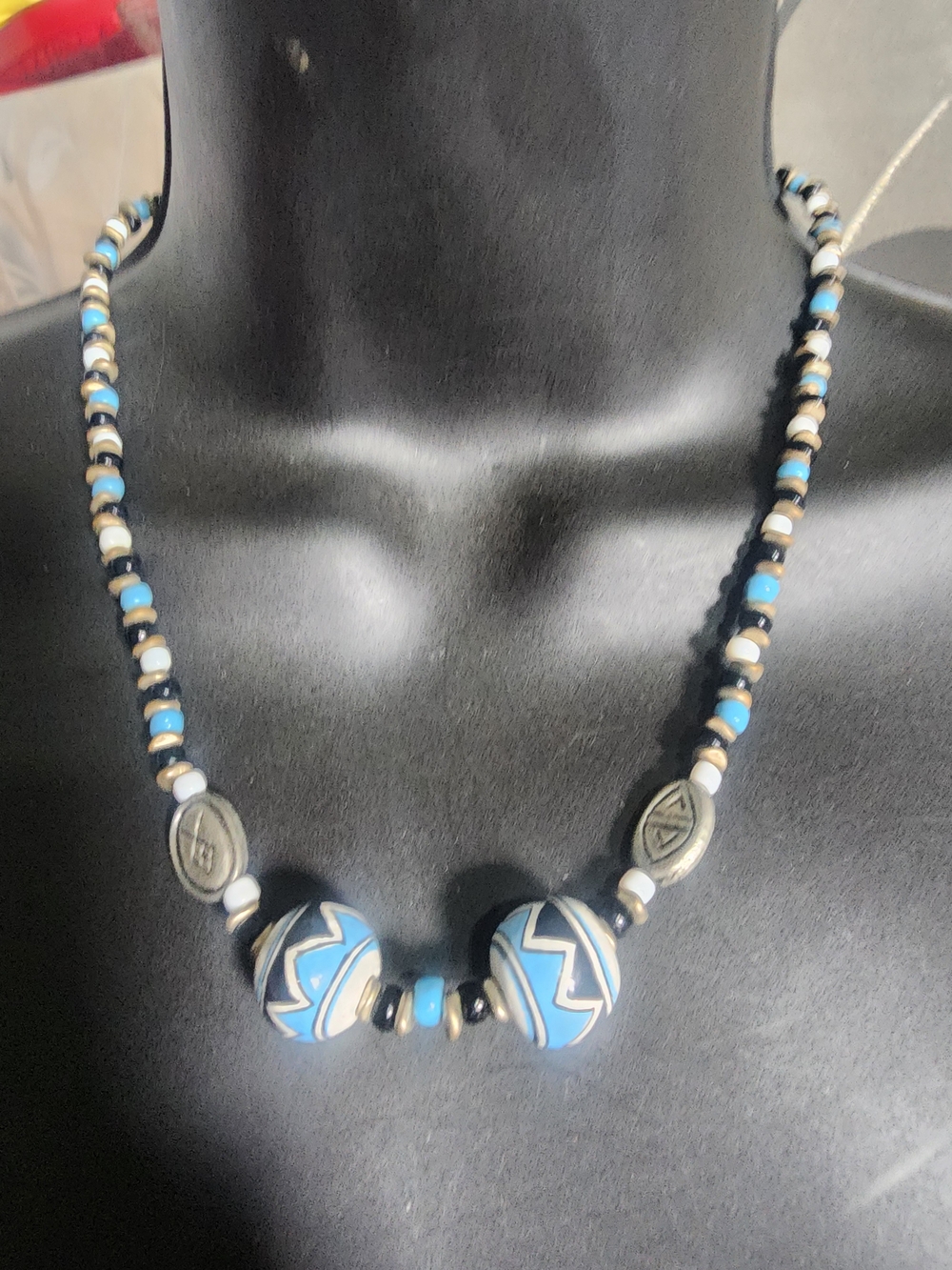 Beaded Men's Necklace in Blue and Cream - Stylish Grooming Accessory